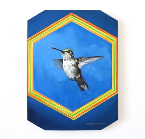 Oil painting of bird art. Calliope hummingbird in flight.