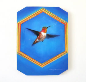 Original oil painting of a hummingbird. An Allen's hummingbird in flight on a blue background.