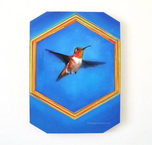 Original oil painting of a hummingbird. An Allen's hummingbird in flight on a blue background.
