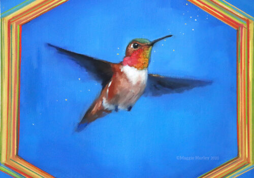 Original oil painting of a hummingbird. An Allen's hummingbird in flight on a blue background. Close up