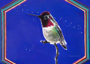 Close up of an oil painting of an anna's hummingbird on a wall with a purple background.