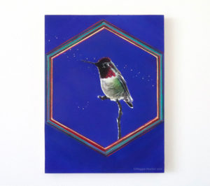 Oil painting of an anna's hummingbird on a wall with a purple background