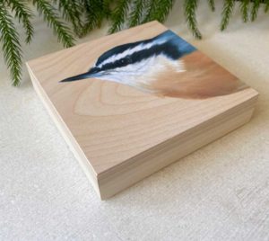 Side angle of a red-breasted nuthatch print mounted on wood.