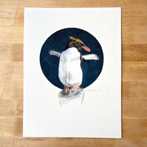 Macaroni penguin watercolor gouache painting
