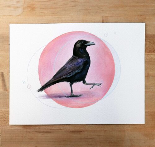 crow gouache painting in a pink bubble bird art