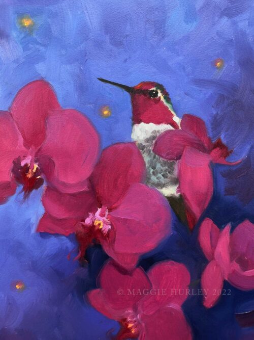 anna's hummingbird with orchids and fireflies closeup