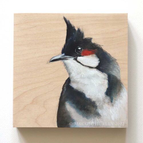 red-whiskered bulbul painting on wood