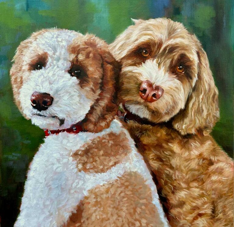 Doodle dog portrait painting by Maggie Hurley