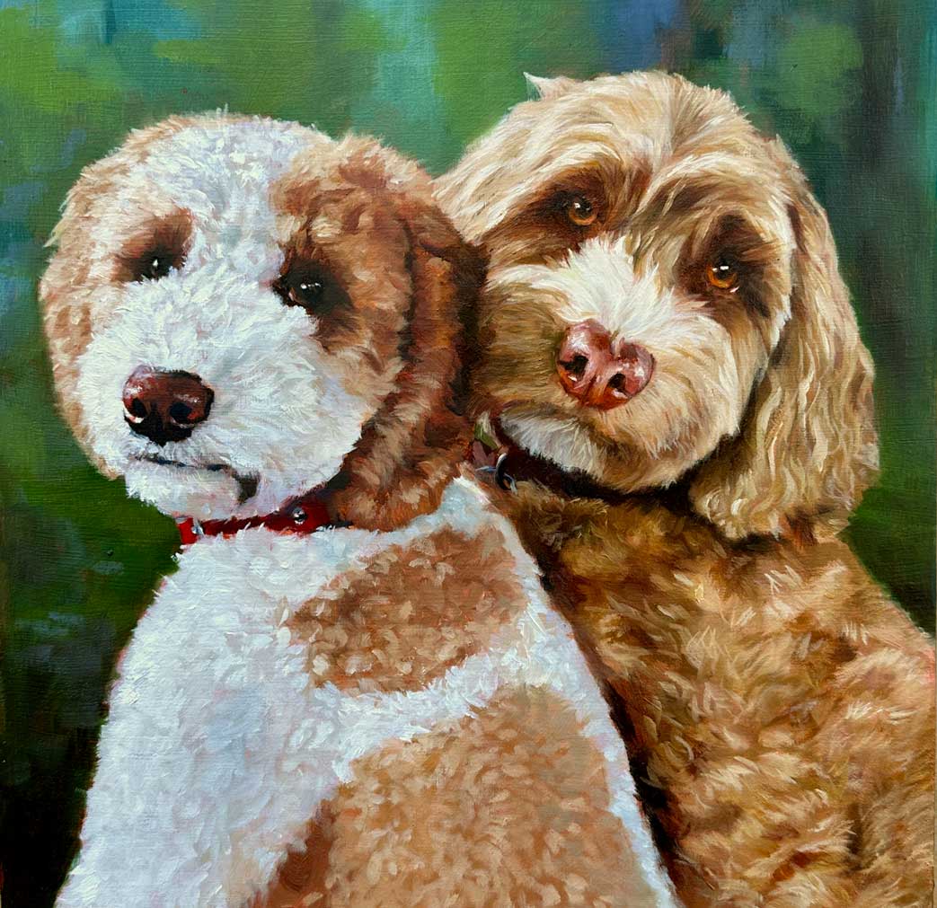 Doodle dog portrait painting by Maggie Hurley