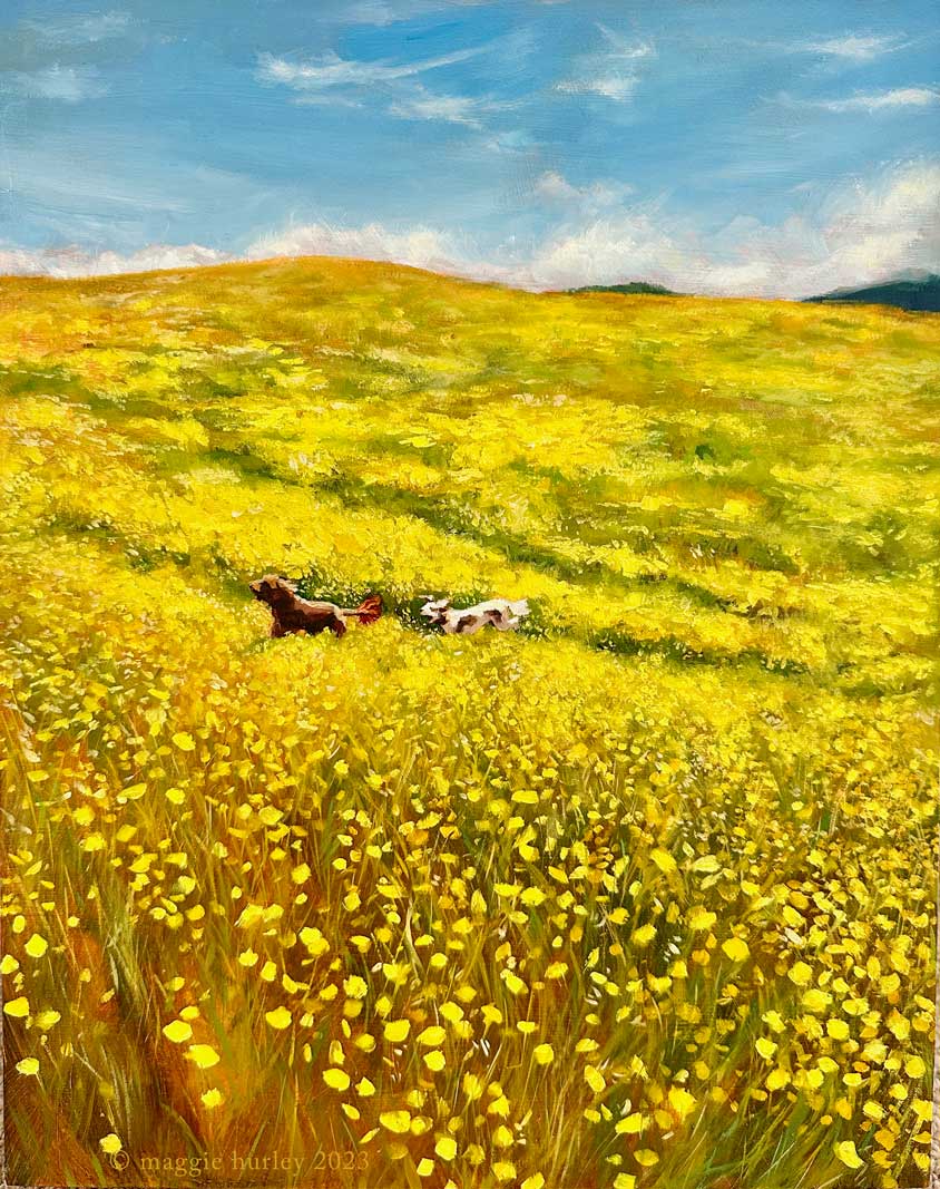 Two dogs running through hills covered in flowers