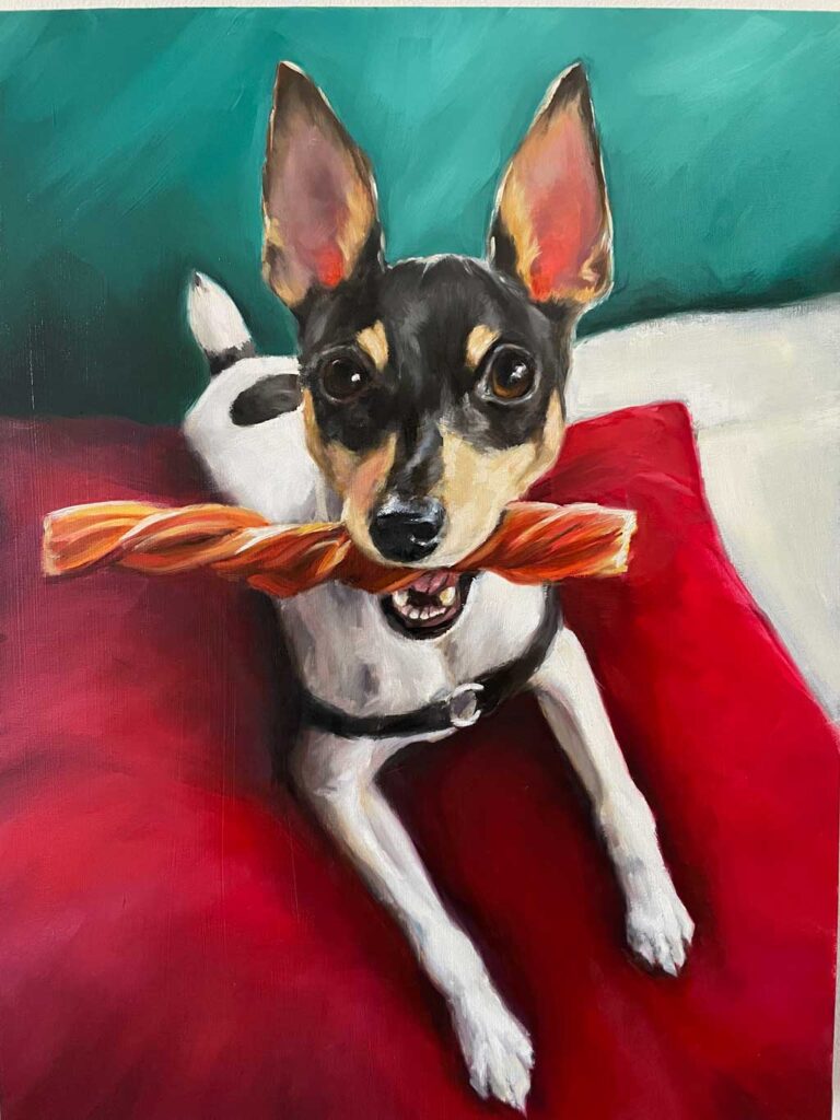 painting of a small black and white dog with a large treat on a red pillow