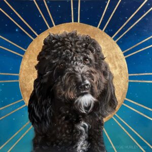Painting of a dog with a gold leaf sun and a starry night