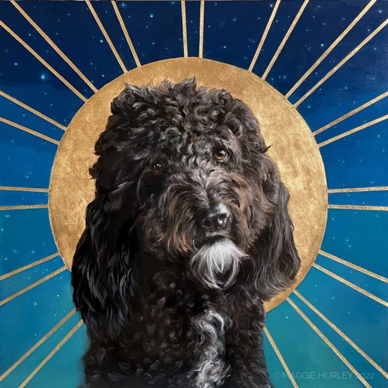 Painting of a dog with a gold leaf sun and a starry night
