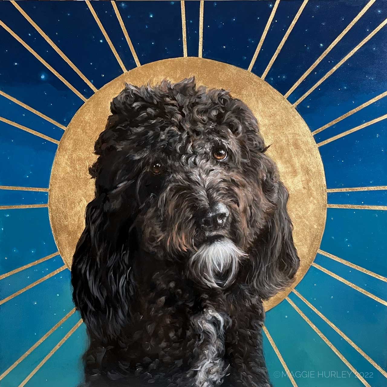 Painting of a dog with a gold leaf sun and a starry night
