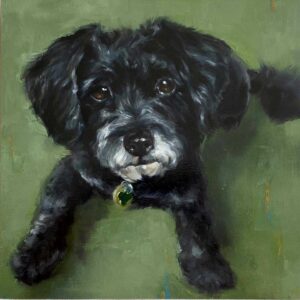 Painting of a fluffy black dog named pepper