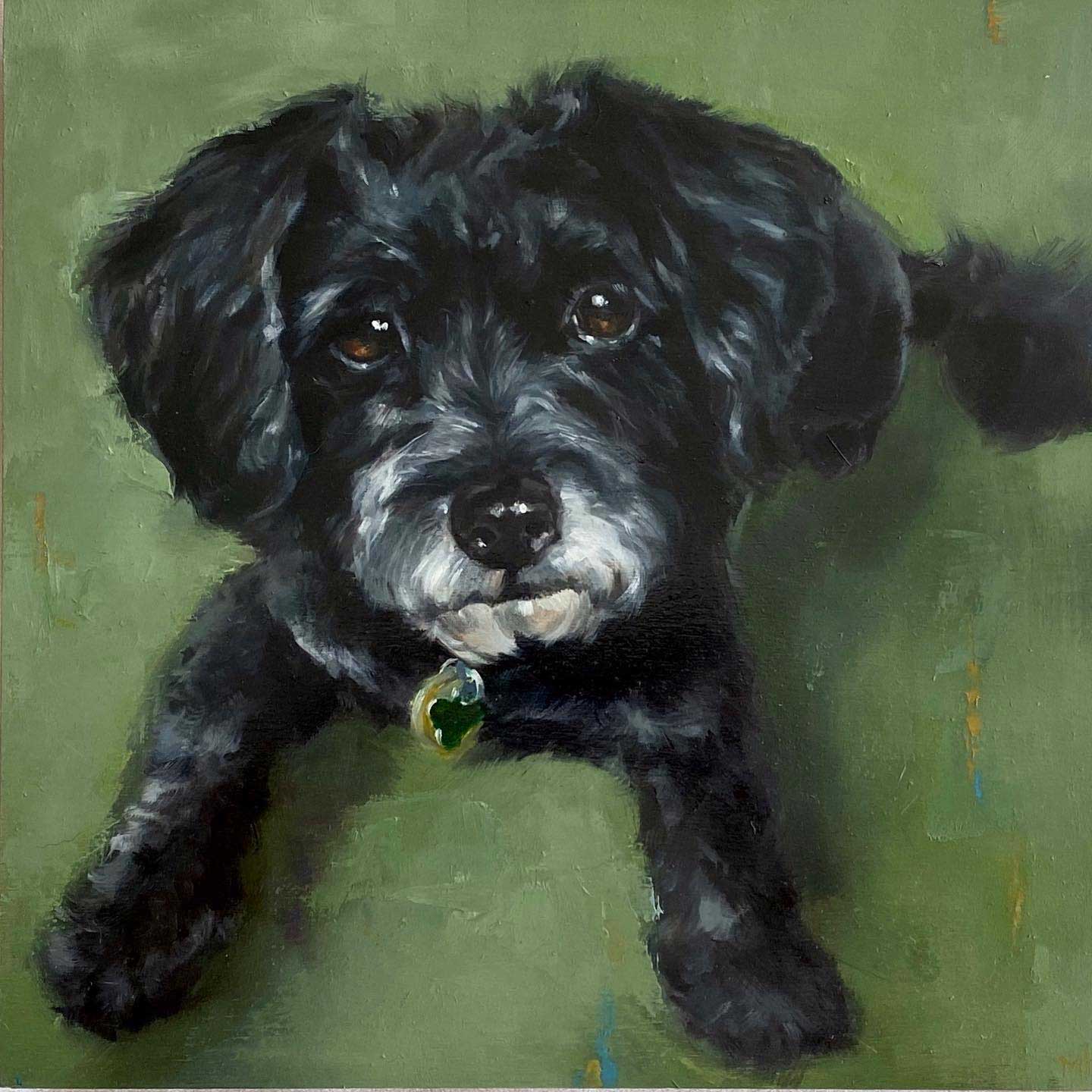 Painting of a fluffy black dog named pepper