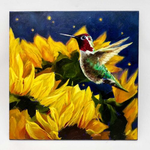 Anna's Hummingbird with Sunflowers | 6" x 6" | Oil on Panel