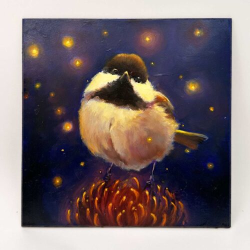 Painting of a chickadee on a pincushion plant