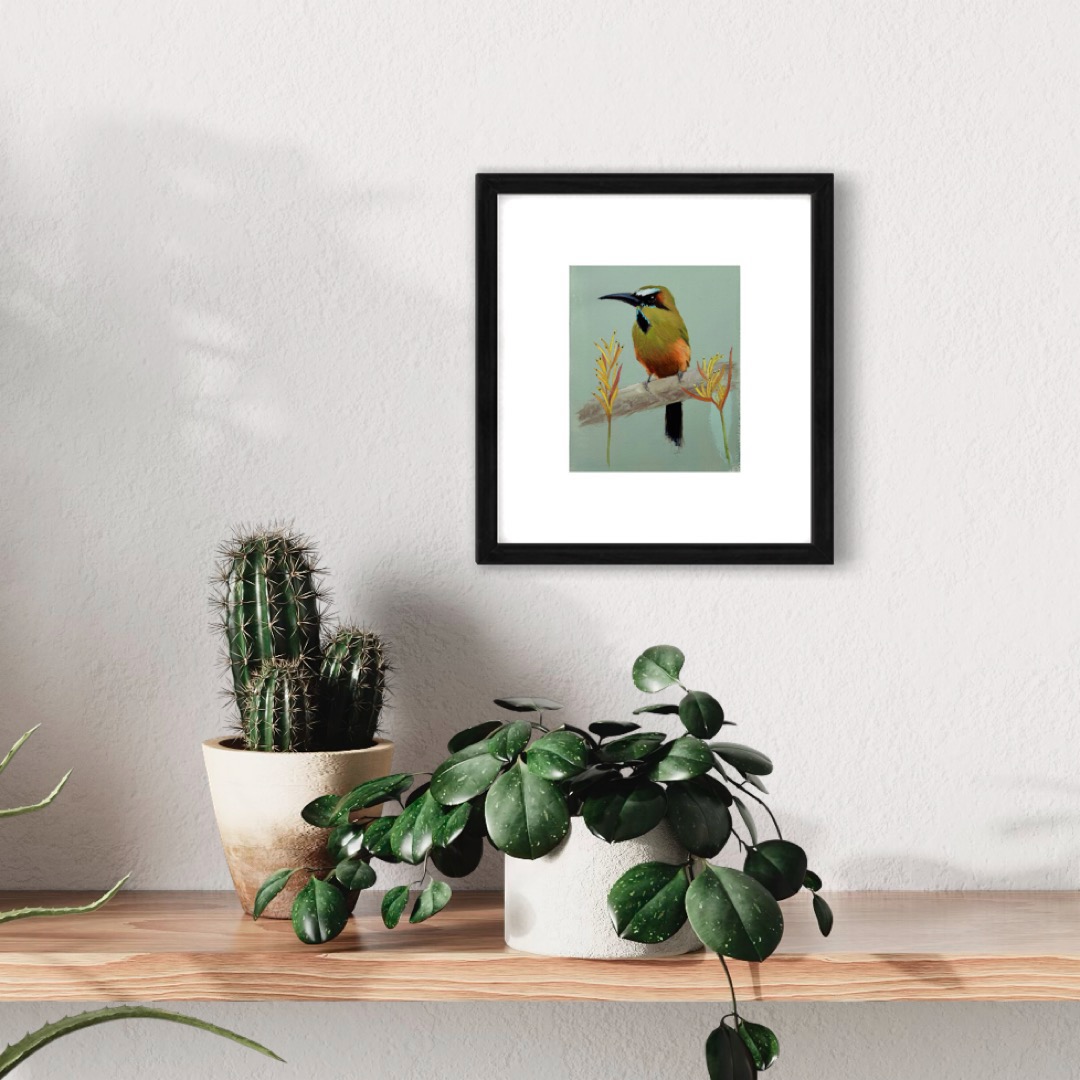 Motmot with flowers | 6.25" x 7.25" | Gouache Painting - Image 2