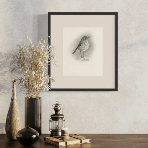 Hermit thrush drawing in frame