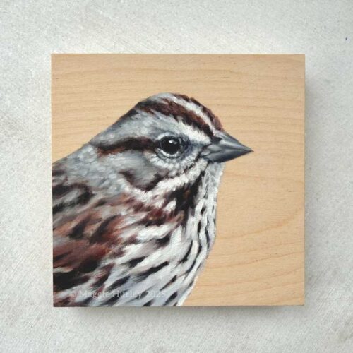 Portrait painting of a song sparrow done in oil paint.